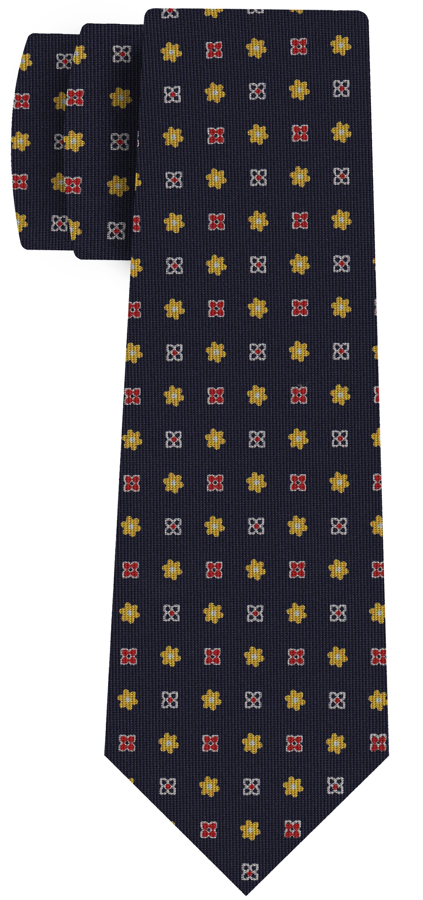 Navy Blue, Red, White & Yellow Gold on Midnight Blue Pattern Silk Tie MCT-642