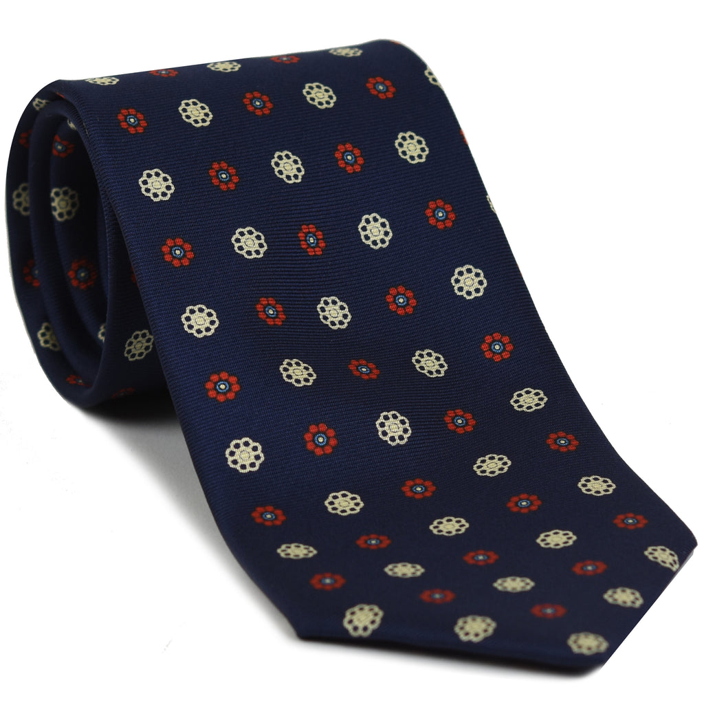 Red, Sky Blue & Off-White on Dark Navy Blue Pattern Silk Tie #MCT-645