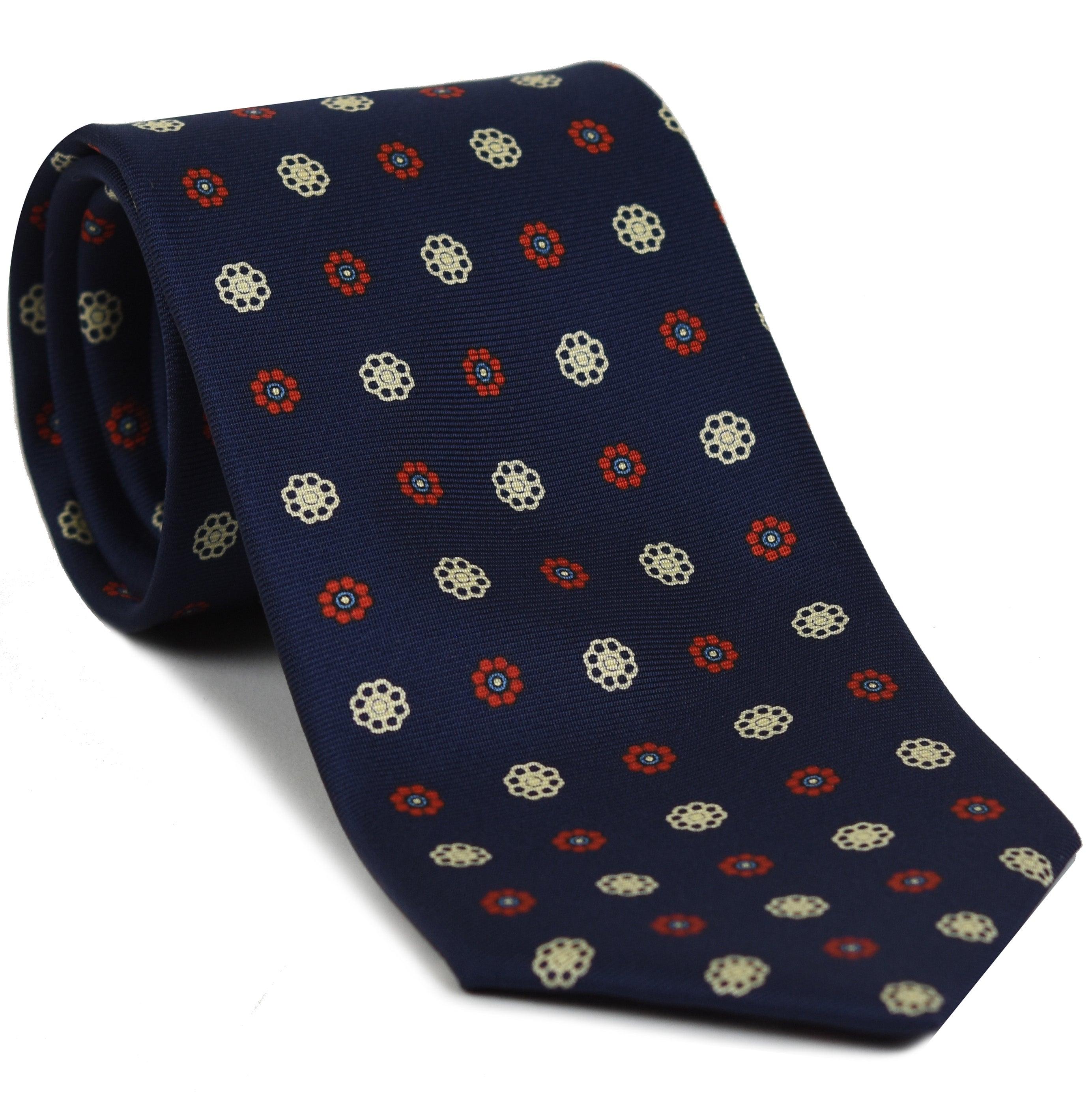Red, Sky Blue & Off-White on Dark Navy Blue Pattern Silk Tie MCT-645