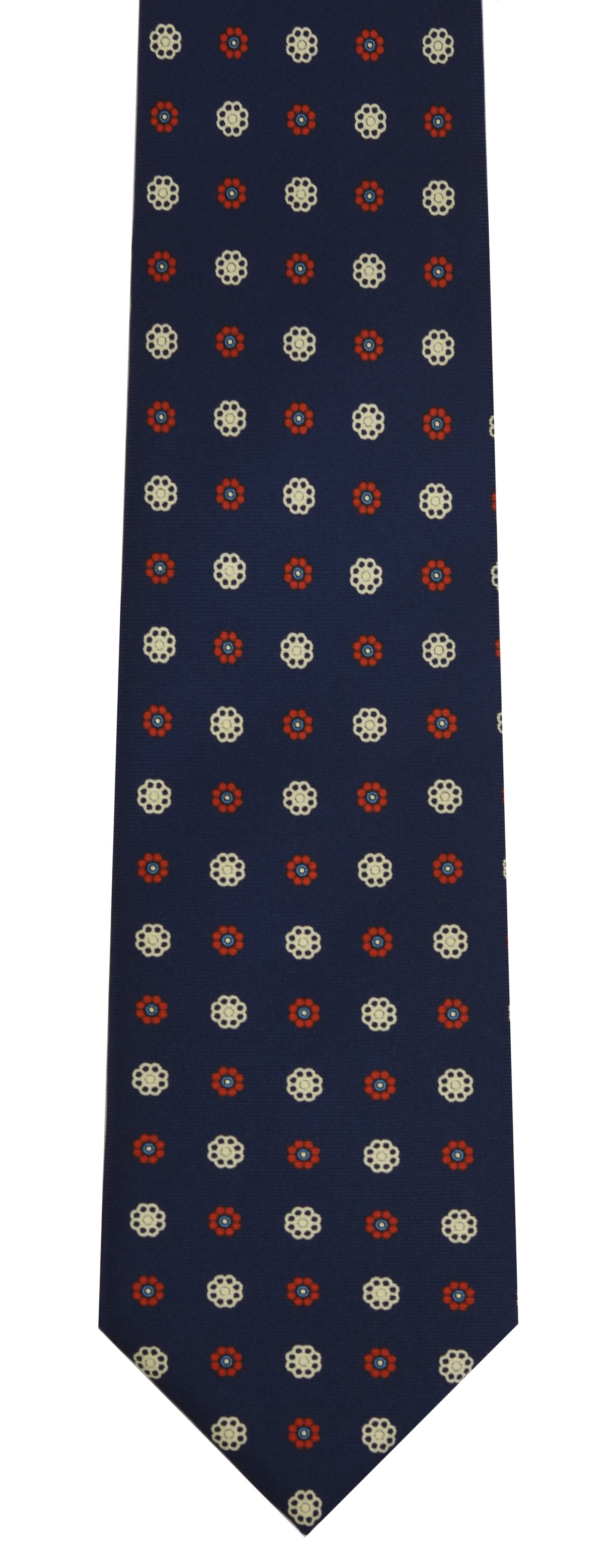 {[en]:Red, Sky Blue & Off-White on Dark Navy Blue Pattern Silk Tie