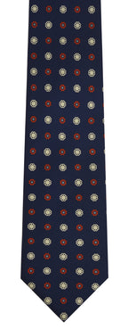 {[en]:Red, Sky Blue & Off-White on Dark Navy Blue Pattern Silk Tie