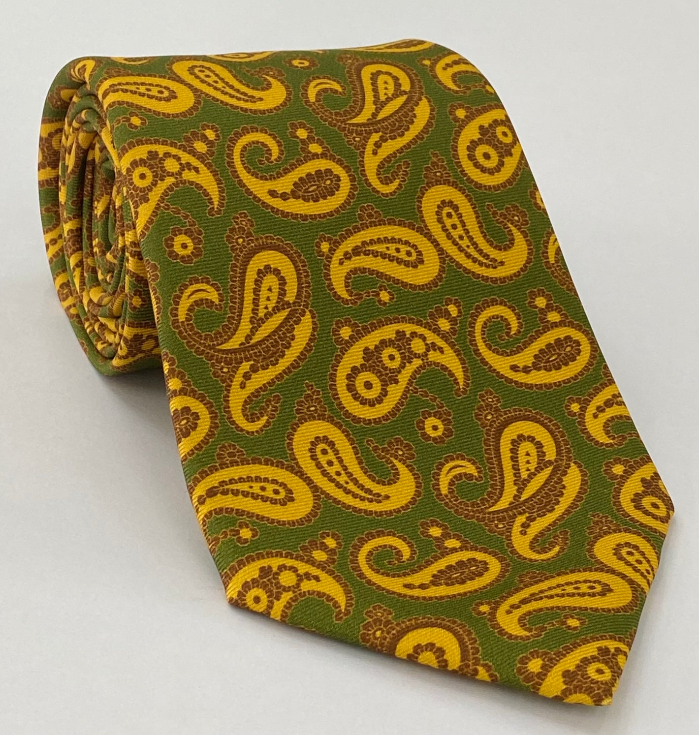 Yellow, Brown on Olive Green Pattern Silk Tie MCp-649