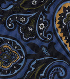 {[en]:Yellow, Purple, White, Midnight Blue, Olive Green on Dark Sky Blue Pattern Silk Tie