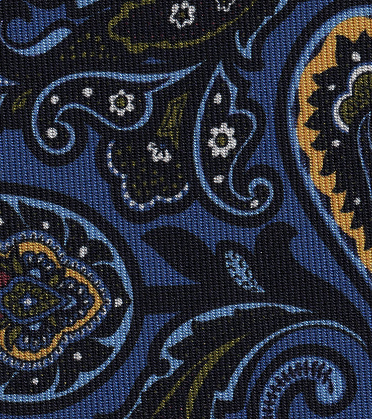 {[en]:Yellow, Purple, White, Midnight Blue, Olive Green on Dark Sky Blue Pattern Silk Tie