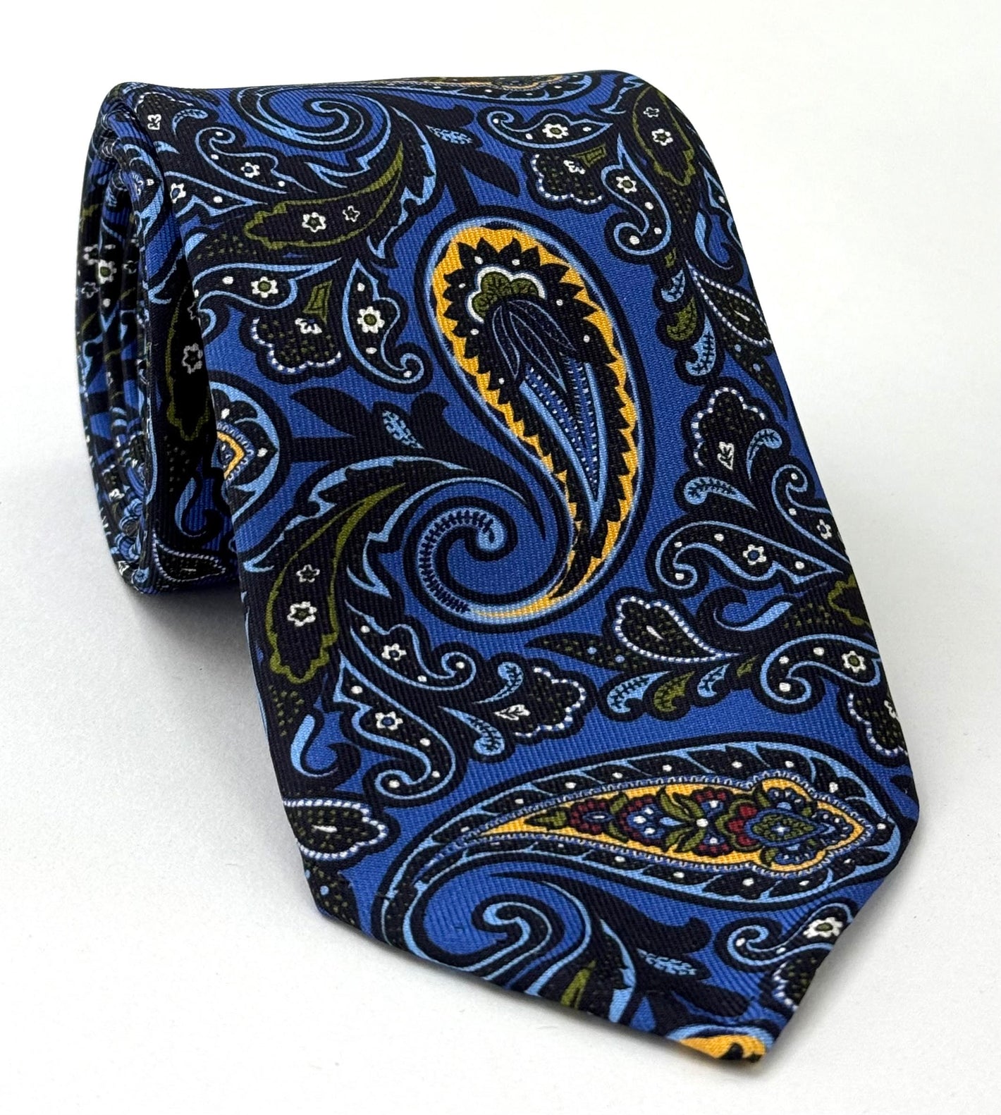 Yellow, Purple, White, Midnight Blue, Olive Green on Dark Sky Blue Pattern Silk Tie MCT-650