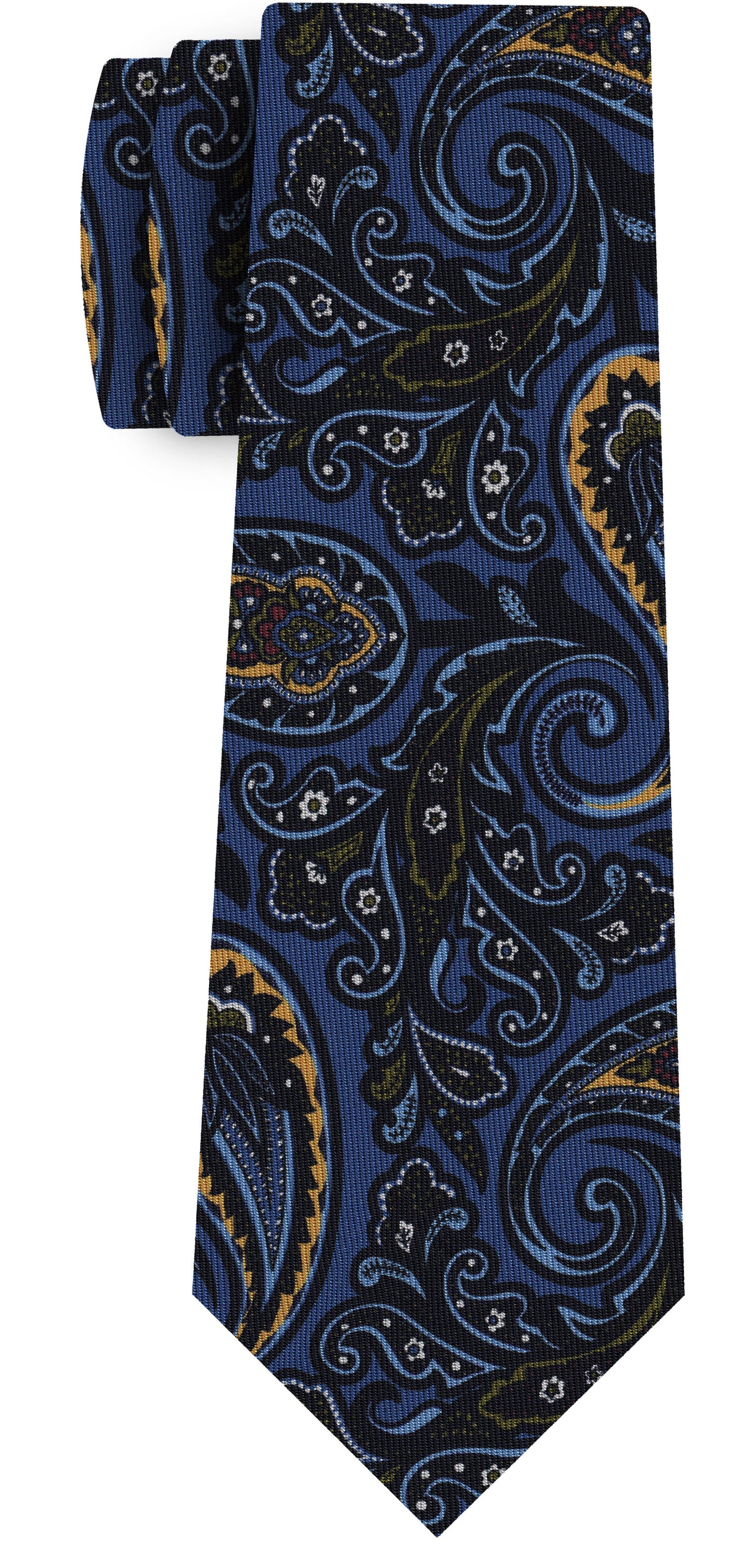 {[en]:Yellow, Purple, White, Midnight Blue, Olive Green on Dark Sky Blue Pattern Silk Tie