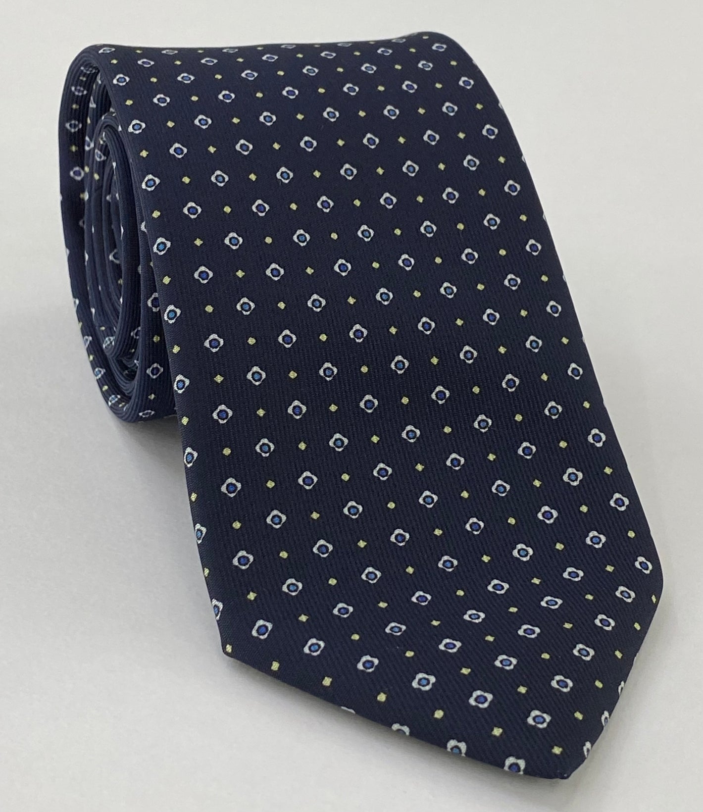White Sky Blue and Light Yellow on Midnight Blue Print Silk Tie MCT-655