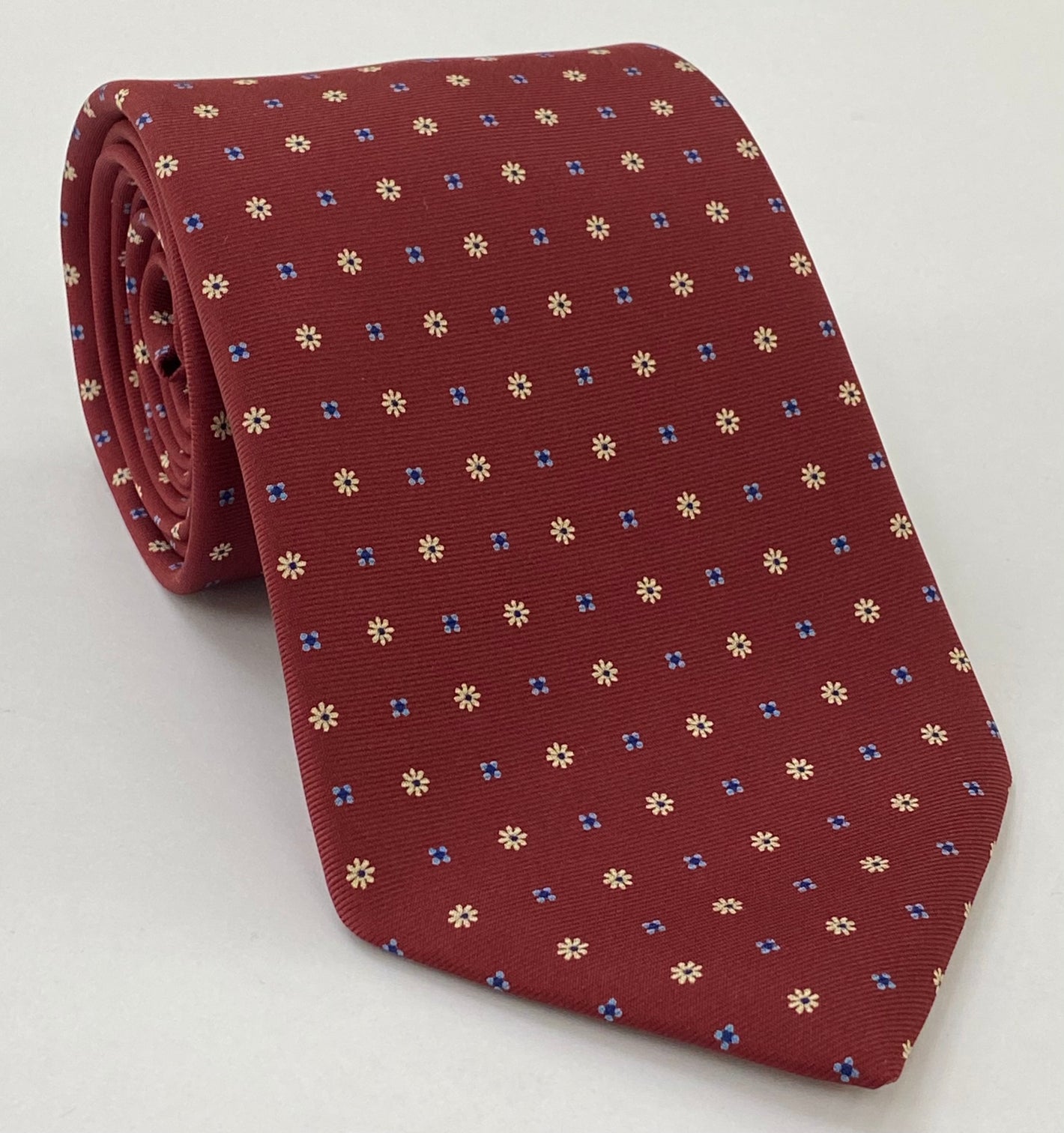Macclesfield Printed Silk Tie Off White, Sky Blue, Blue on Dark Red MCT-658