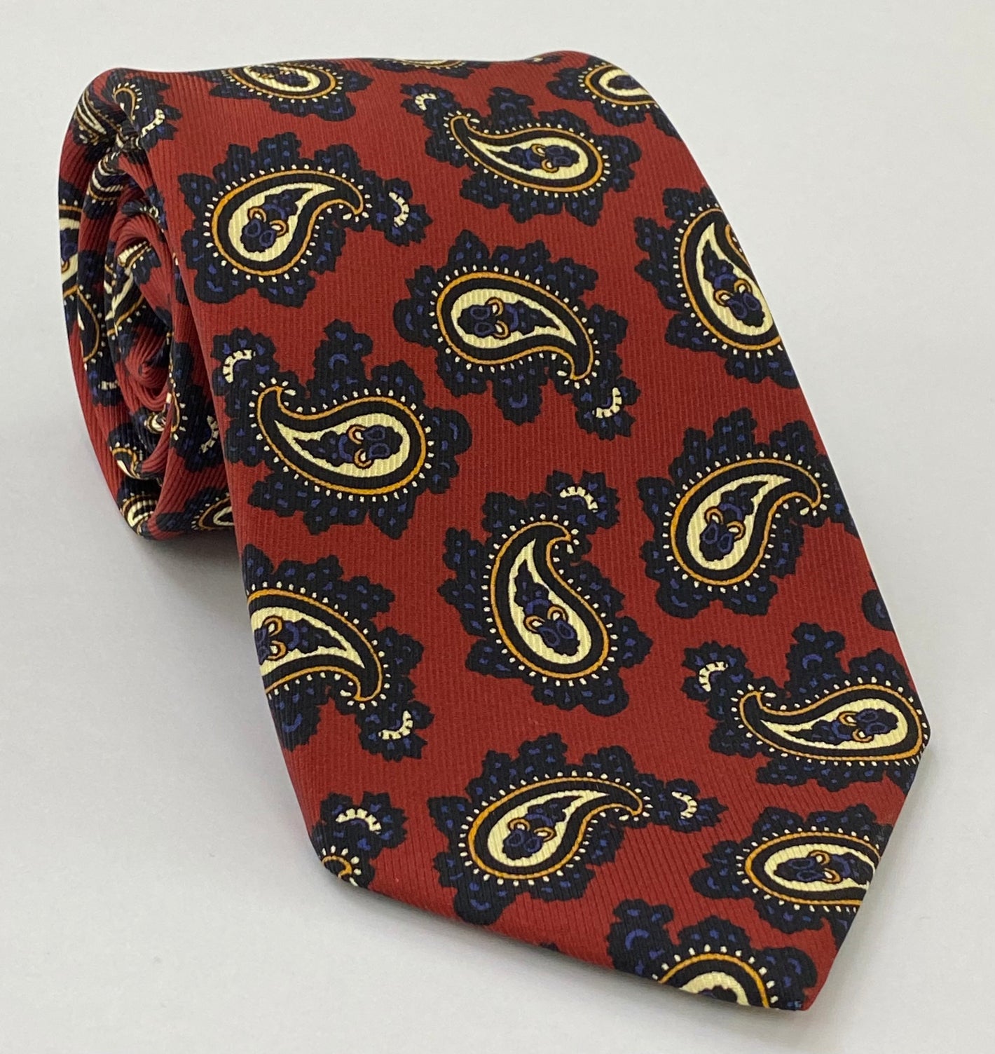 Macclesfield Printed Silk Tie Midnight Blue, Purple Blue, Orange, Off-White on Red MCT-659