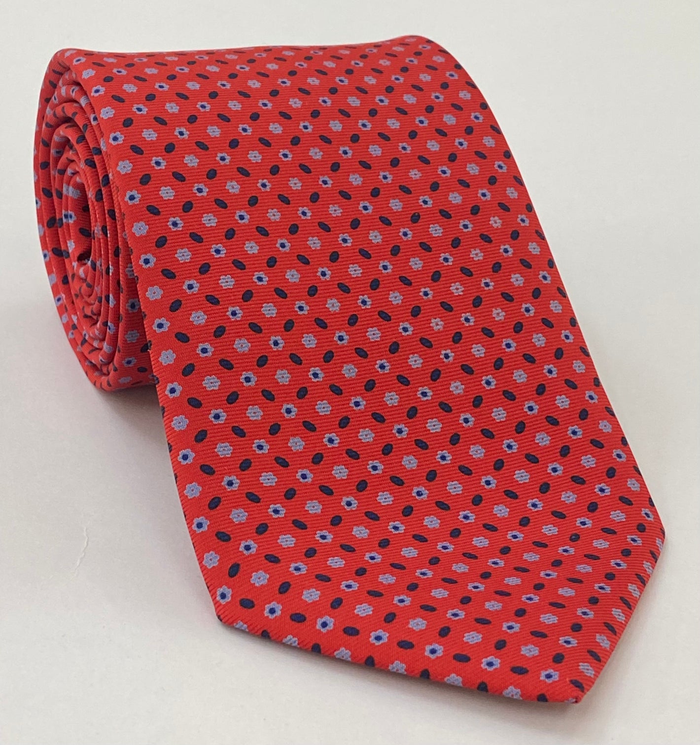 Macclesfield Printed Silk Tie Sky Blue & Midnight Blue on Bright Red MCT-660