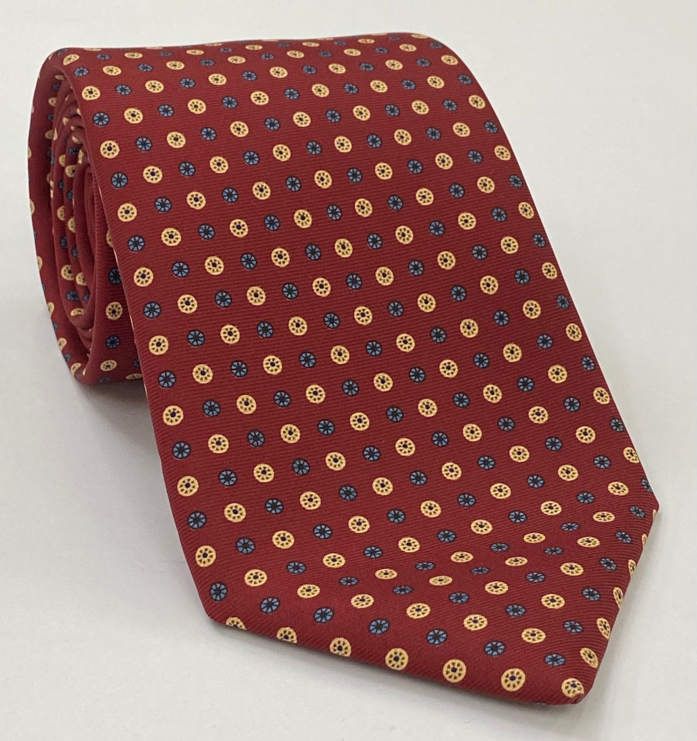 Macclesfield Printed Silk Tie Powder Blue, Midnight Blue, Light Yellow on Dark Red MCT-661