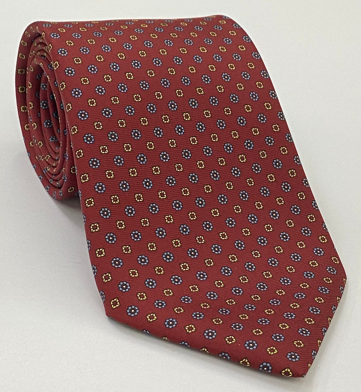 Macclesfield Printed Silk Tie Sky Blue, Midnight Blue, Light Yellow on Dark Red MCT-662