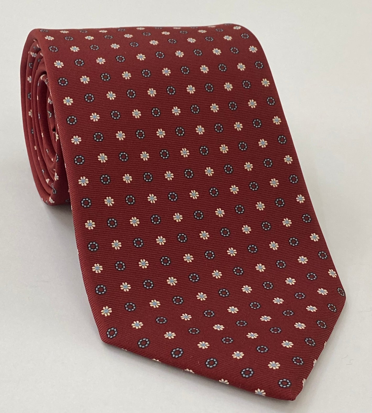 Macclesfield Printed Silk Tie Powder Blue, Midnight Blue & Off-White on Light Burgundy MCT-664