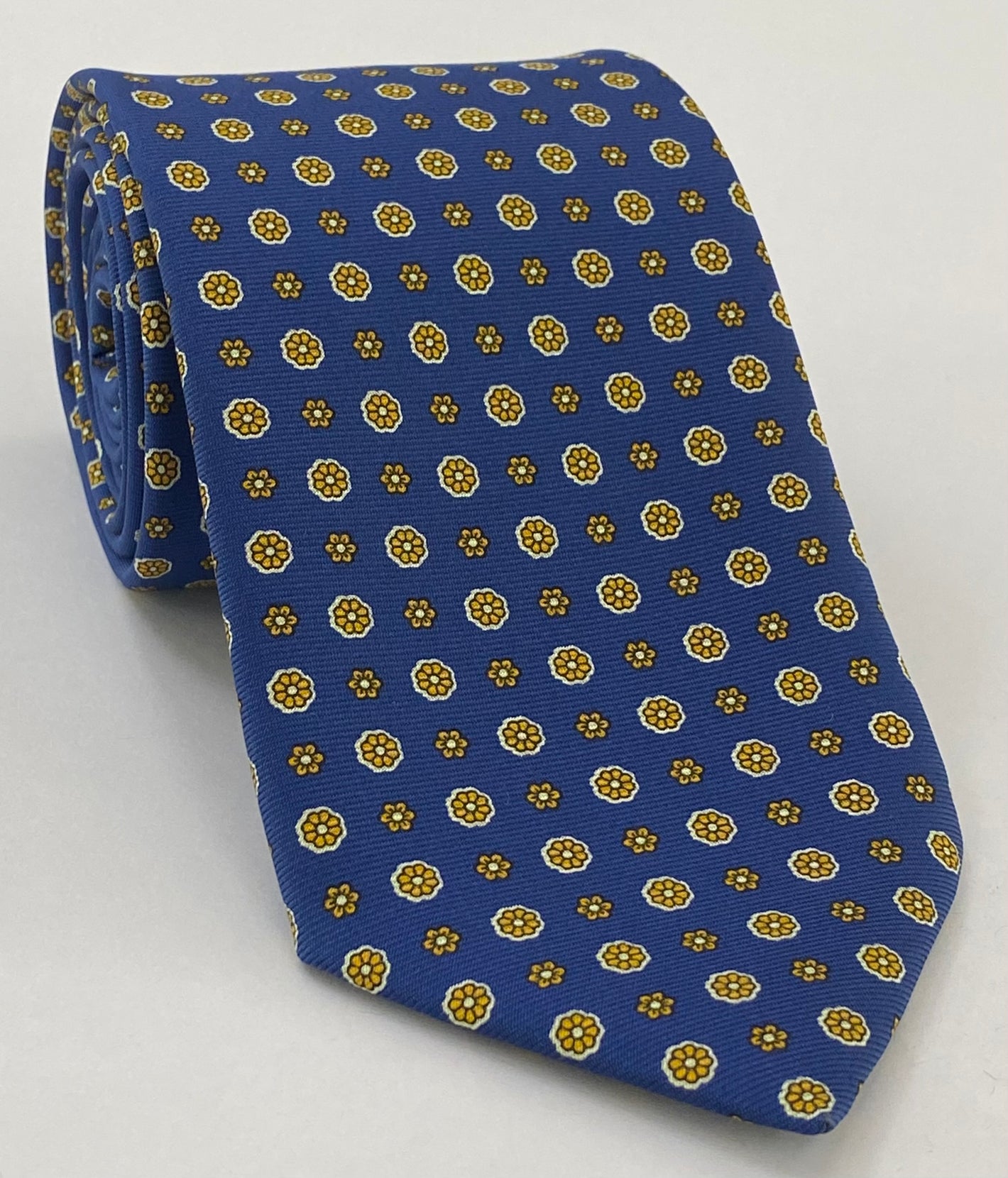 Macclesfield Printed Silk Tie Dark Gold & Off-White on Blue MCT-665