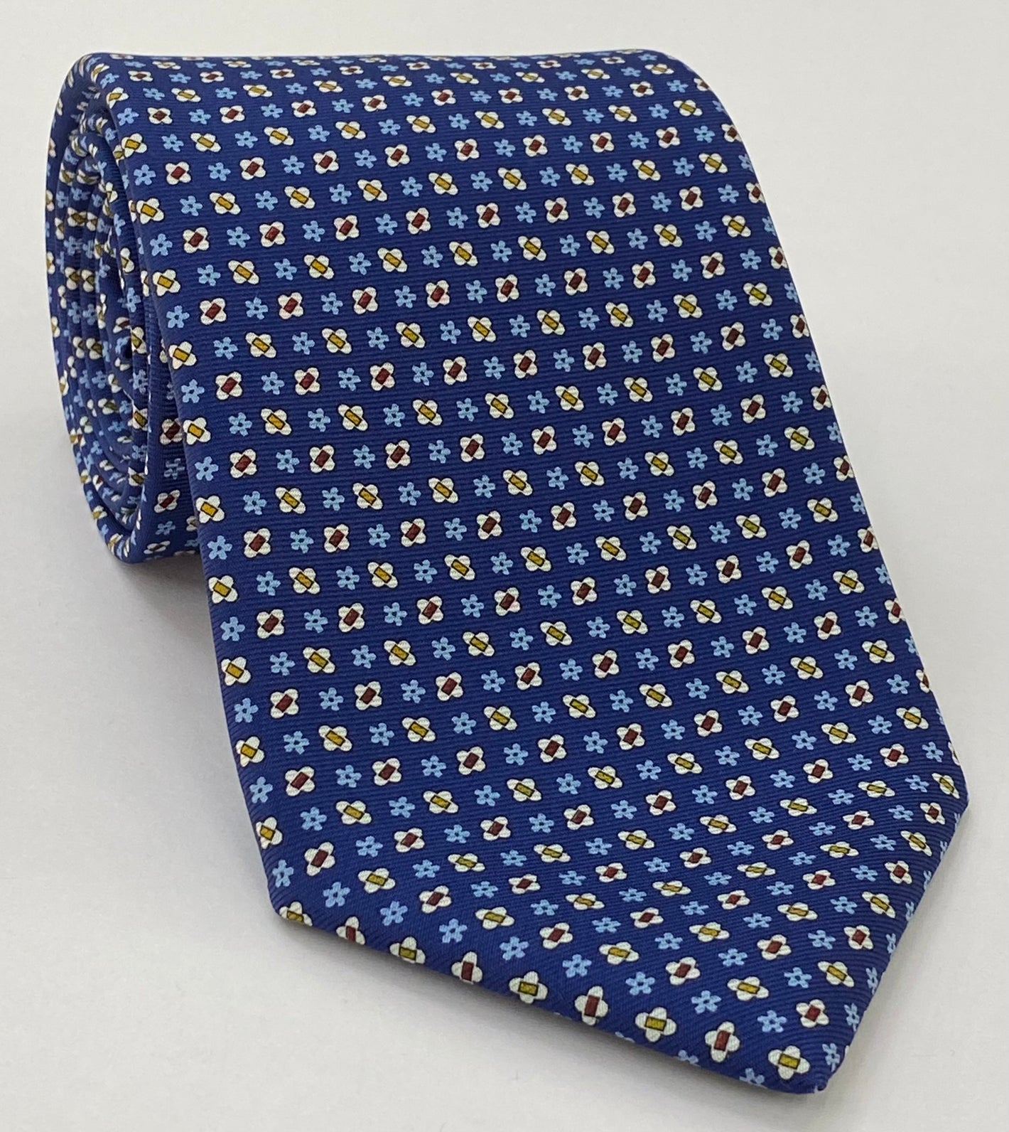 Macclesfield Printed Silk Tie Powder Blue, Gold, Off-White & Dark Red on Blue MCT-666