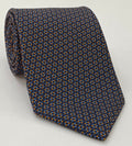 Burnt Orange, Sky Blue & Off-White on Midnight Blue Macclesfield Printed Silk Tie MCT-667