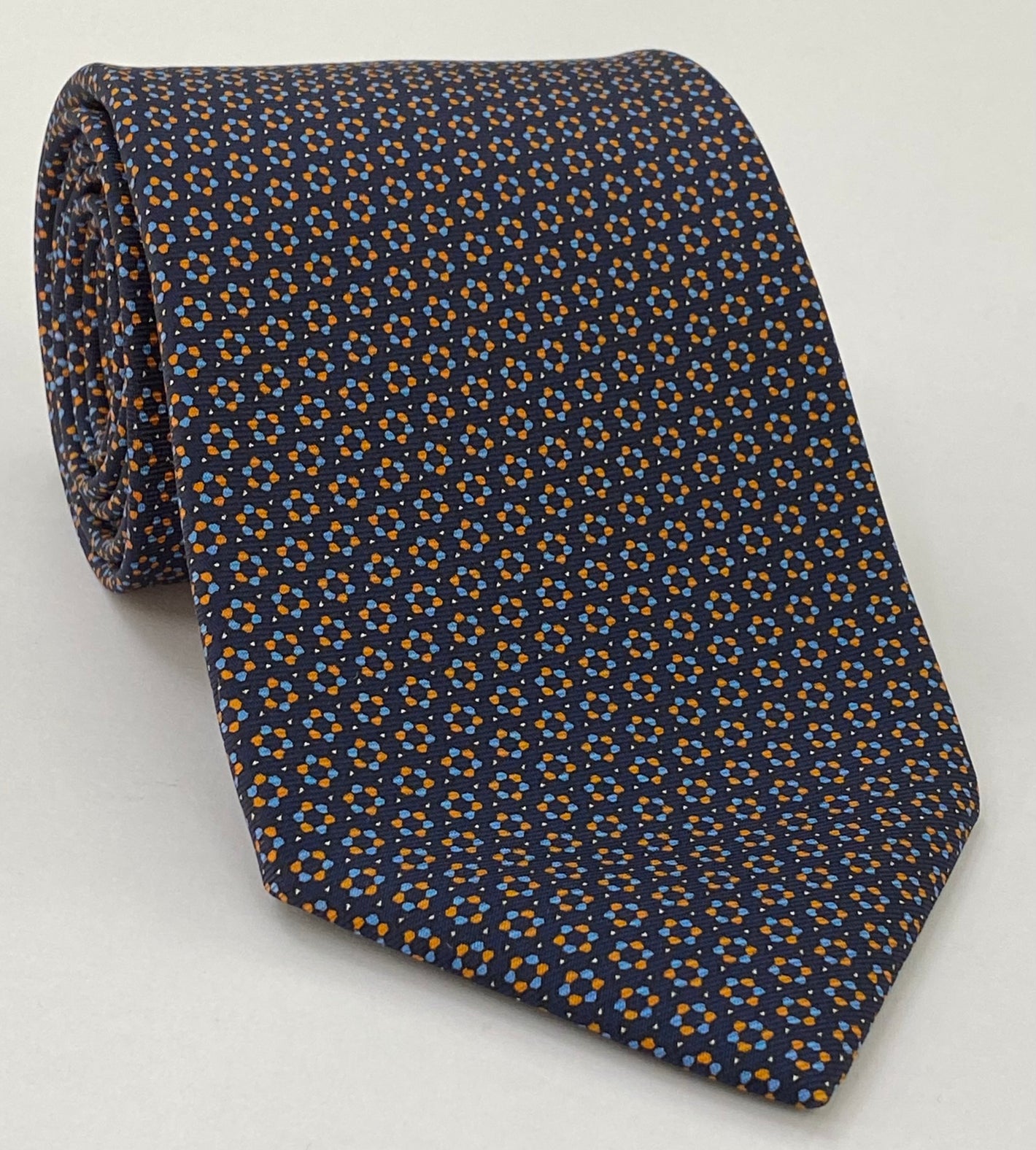 Macclesfield Printed Silk Tie Burnt Orange, Sky Blue & Off-White on Midnight Blue MCT-667