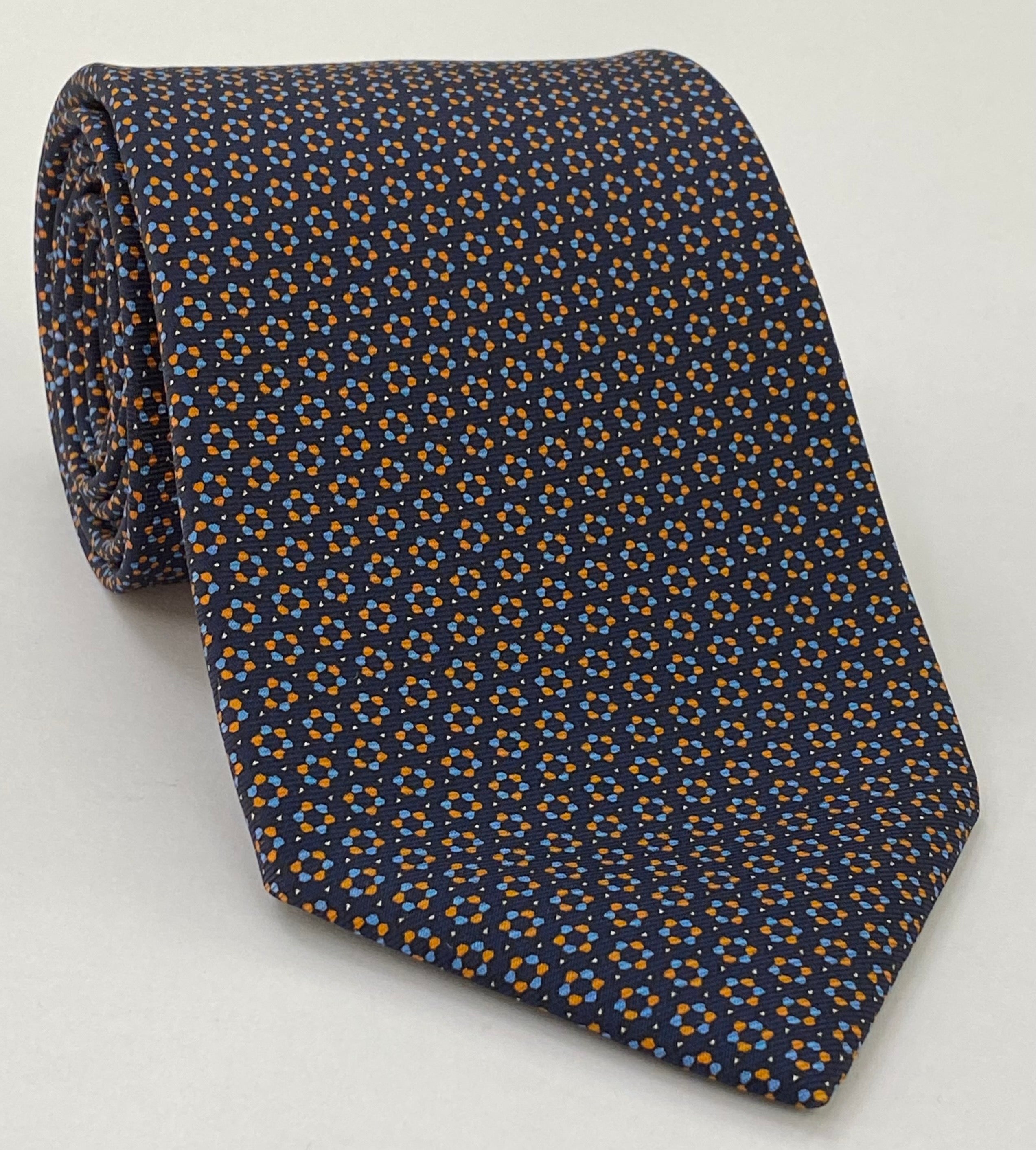 Burnt Orange, Sky Blue & Off-White on Midnight Blue Macclesfield Printed Silk Tie MCT-667