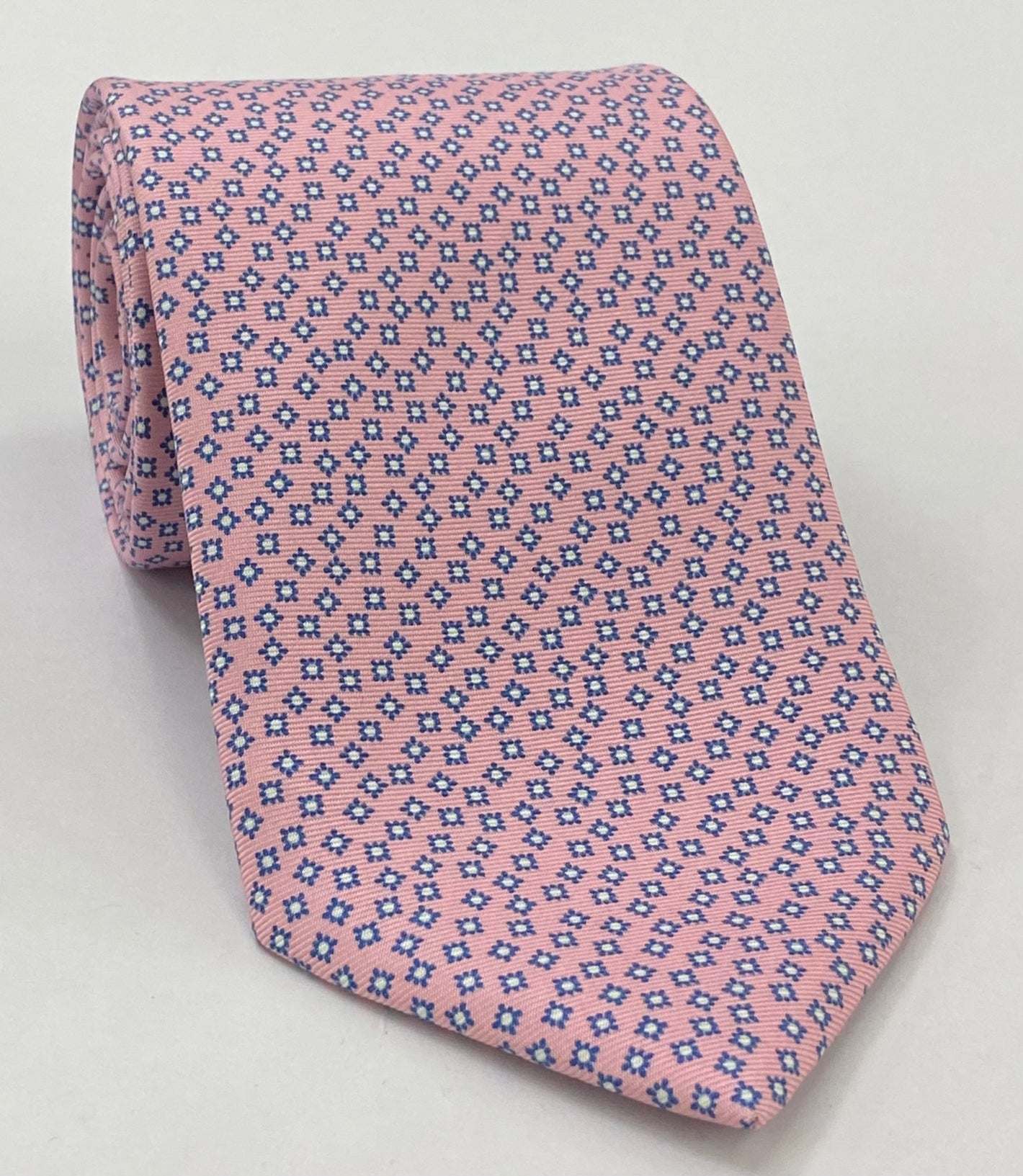 Macclesfield Printed Silk Tie White & Blue on Pink MCT-668