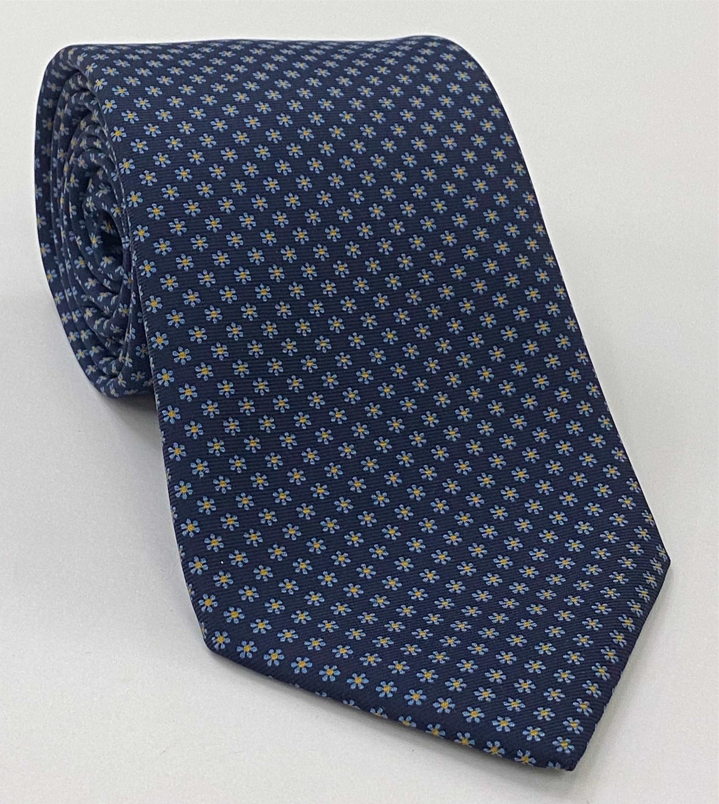 Macclesfield Printed Silk Tie Dark Gold & Sky Blue on Midnight Blue MCT-669