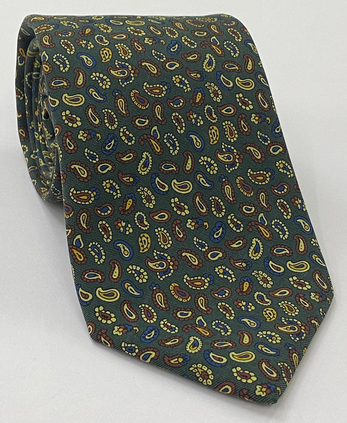 Macclesfield Printed Silk Tie Sky Blue, Light Yellow, Yellow & Soft Red on Pale Forest Green MCT-670