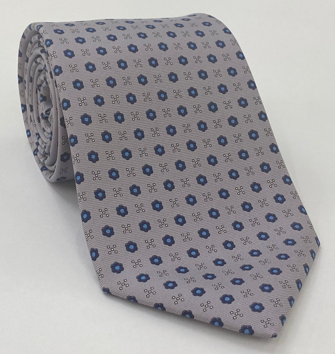 Macclesfield Printed Silk Tie Sky Blue, Navy Blue & Off-White on Gray with Red MCT-672