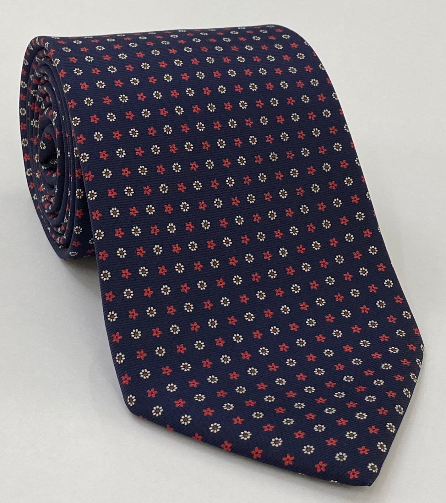 Macclesfield Printed Silk Tie Red, White & Brown on Midnight Blue MCT-673