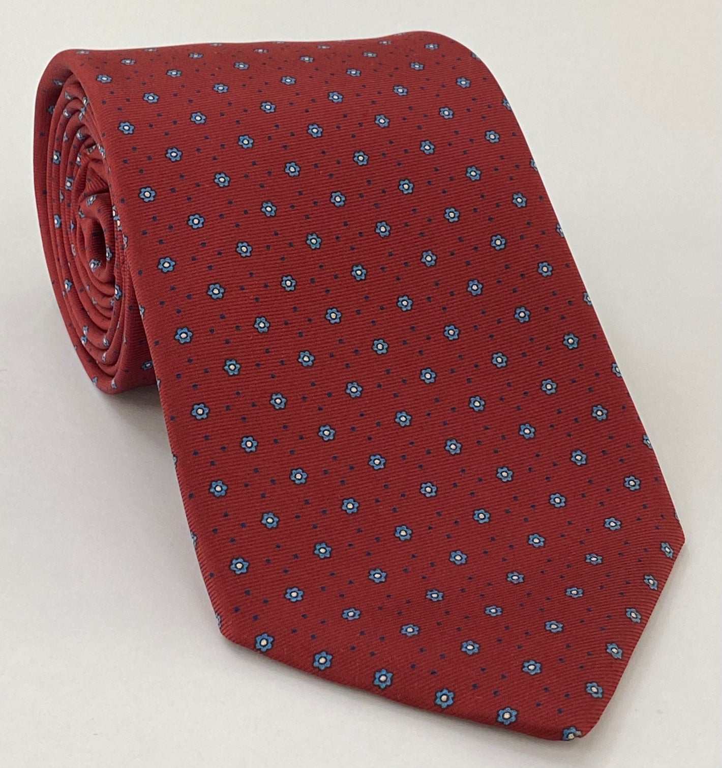 Macclesfield Printed Silk Tie Sky Blue & Navy Blue on Medium Red MCT-676