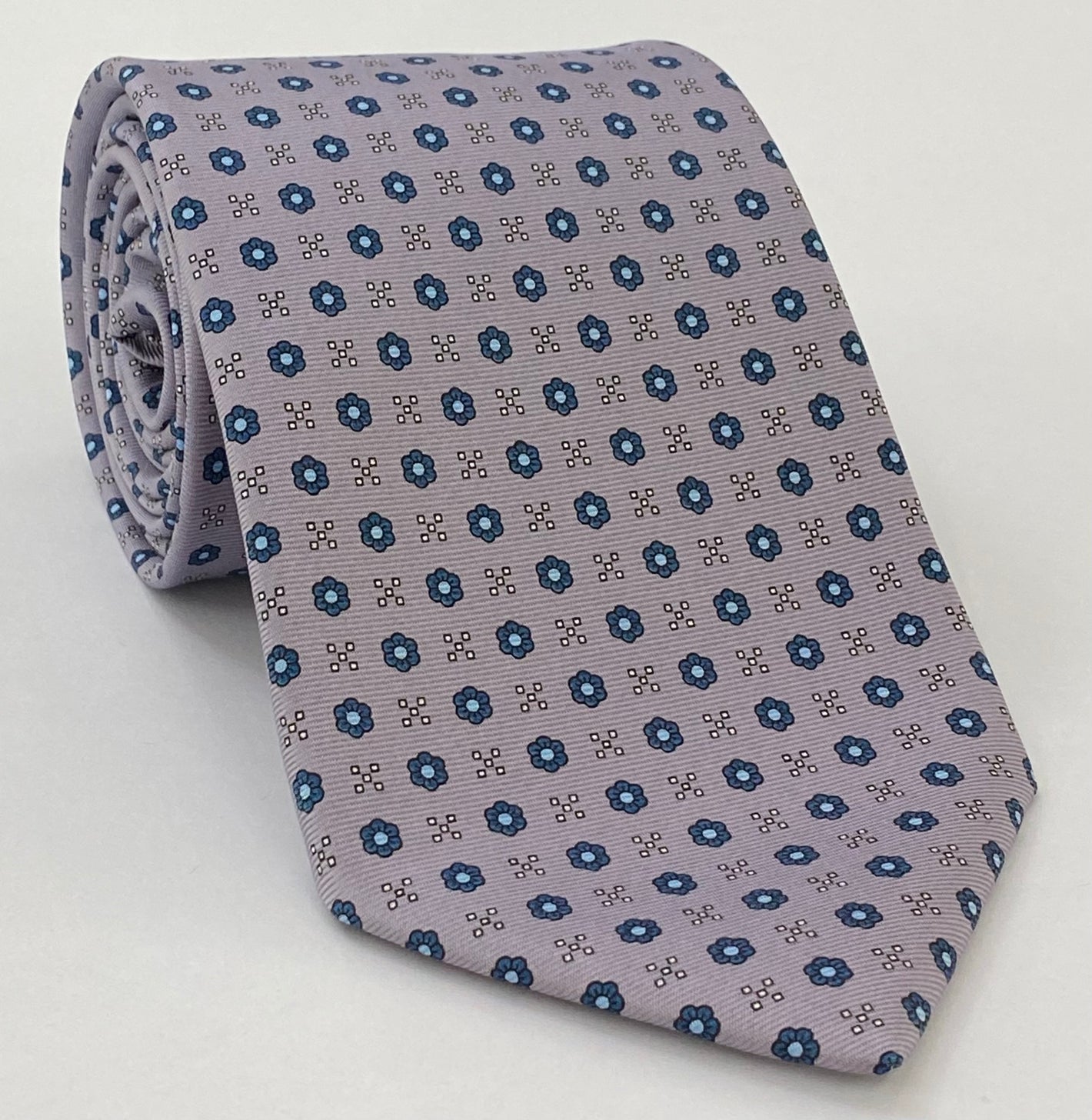 Macclesfield Printed Silk Tie Powder Blue, Slate Blue & Off-White on Gray with Red MCT-677
