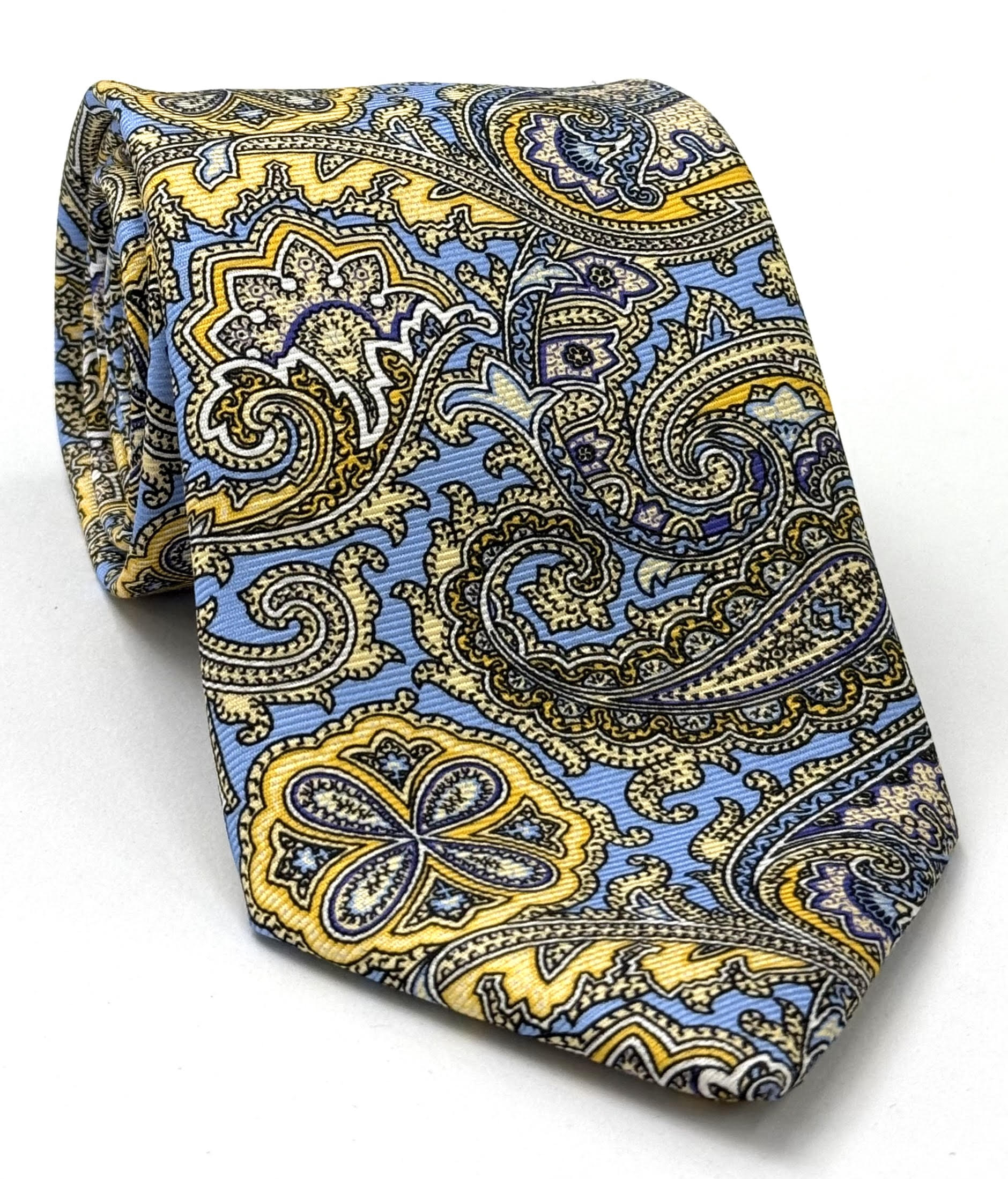 Sky Blue,  Purple, Black, Off White  & Yellow Macclesfield Printed Silk Tie MCT-697