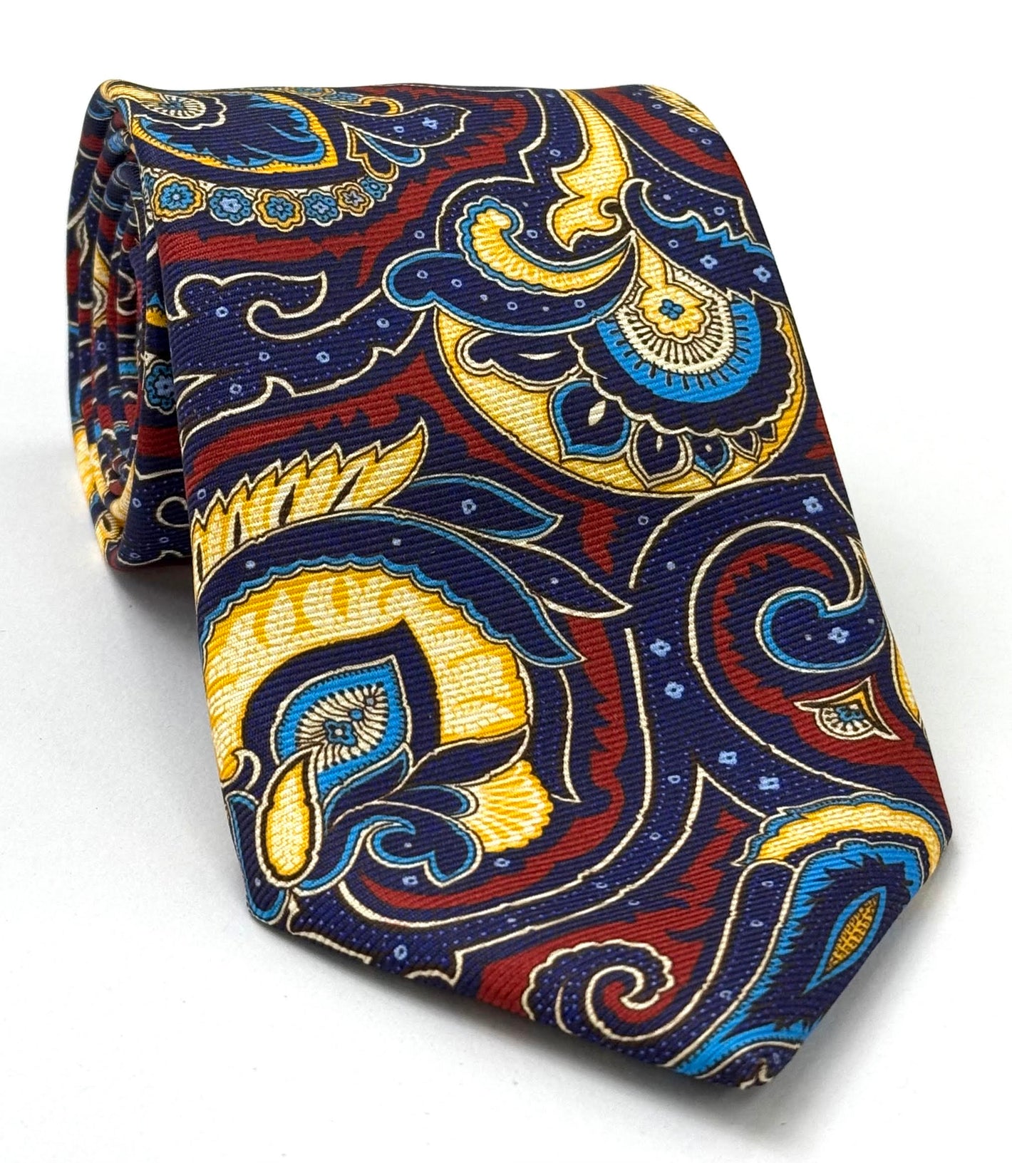 黃色、淺藍色與酒紅色搭配藏青色 Macclesfield 印花絲質領帶 MCT-744
