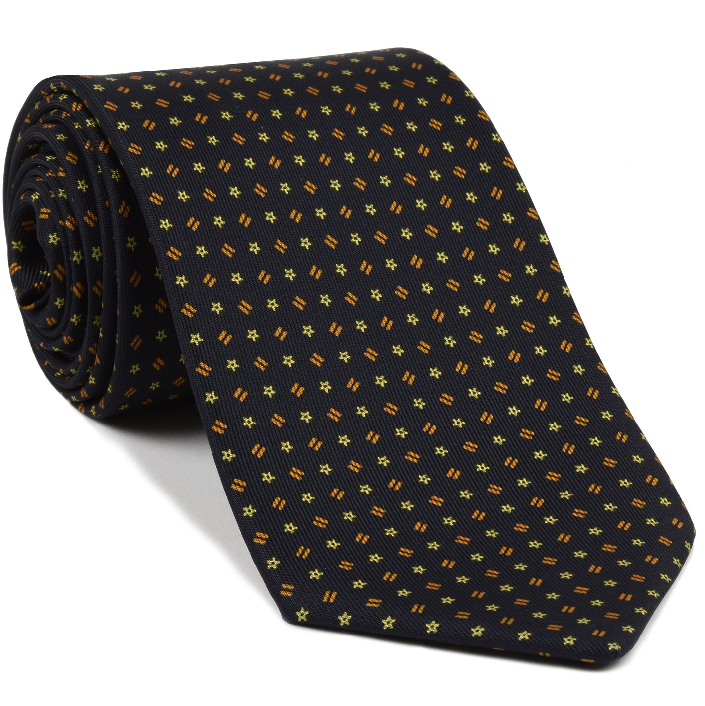 {[en]:Orange & Yellow on Midnight Blue Macclesfield Printed Silk Tie