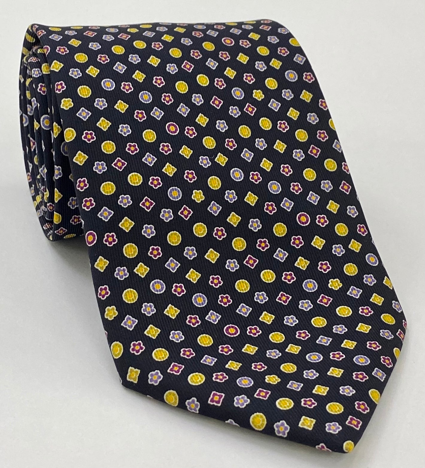 Lavender, Purple, White & Gold with a touch of Green on Midnight Blue Macclesfield Printed Silk Tie MCT-96