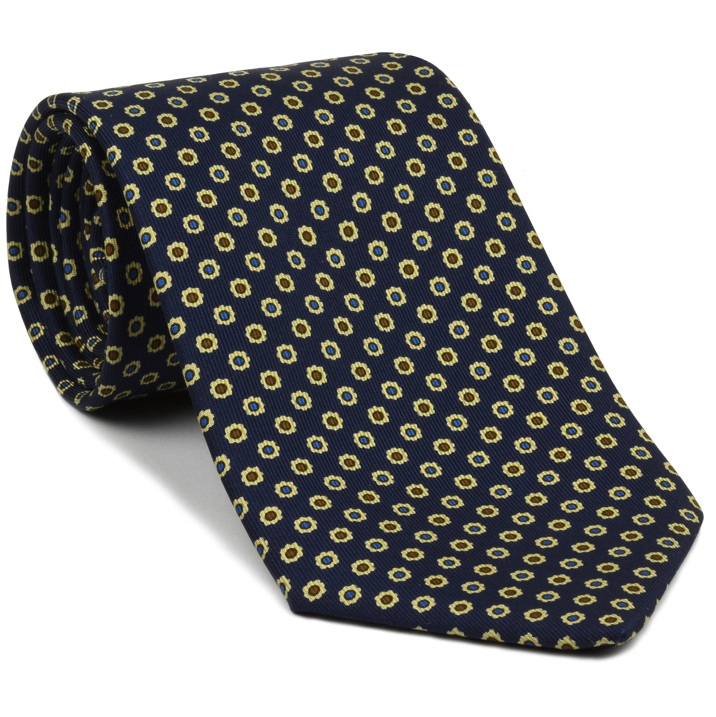 {[en]:Light Yellow, Blue, Black & Dark Brown on Dark Navy Blue Macclesfield Printed Silk Tie