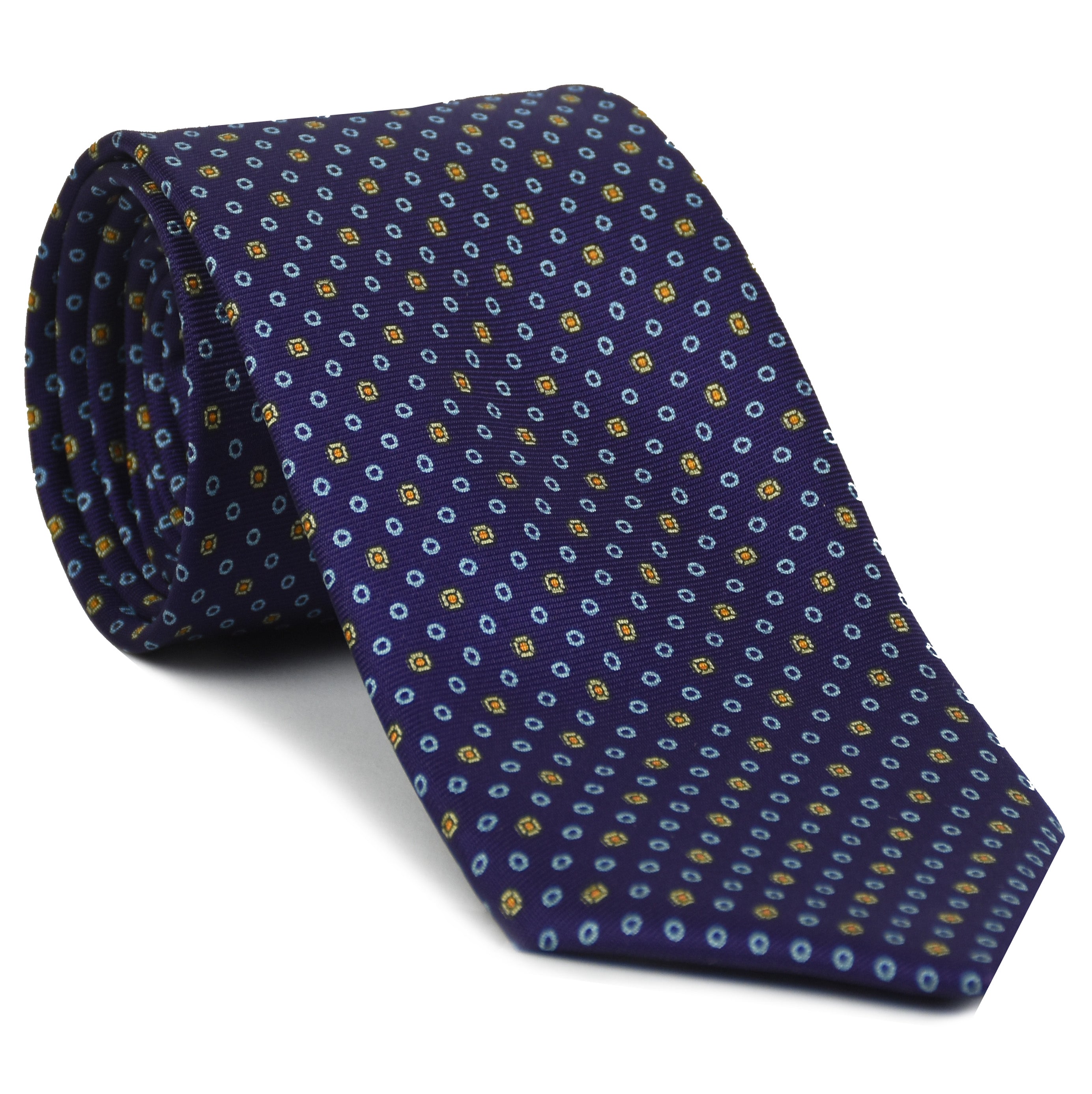 {[en]:Sky Blue, Light Yellow & Orange on Dark Purple Print Pattern Silk Tie