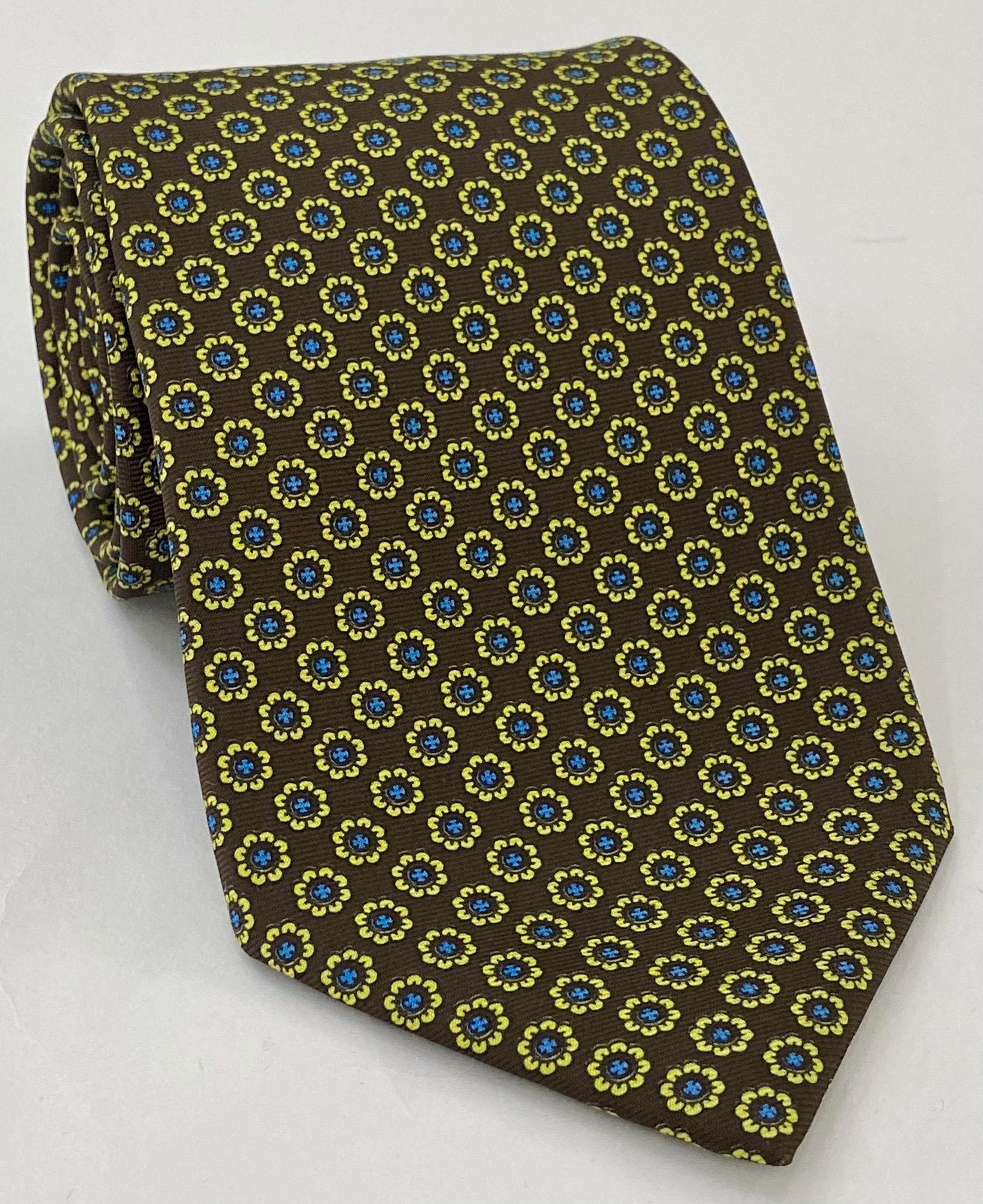 Sky Blue Yellow Corn on Dark Chocolate Print Silk Tie MCT-652