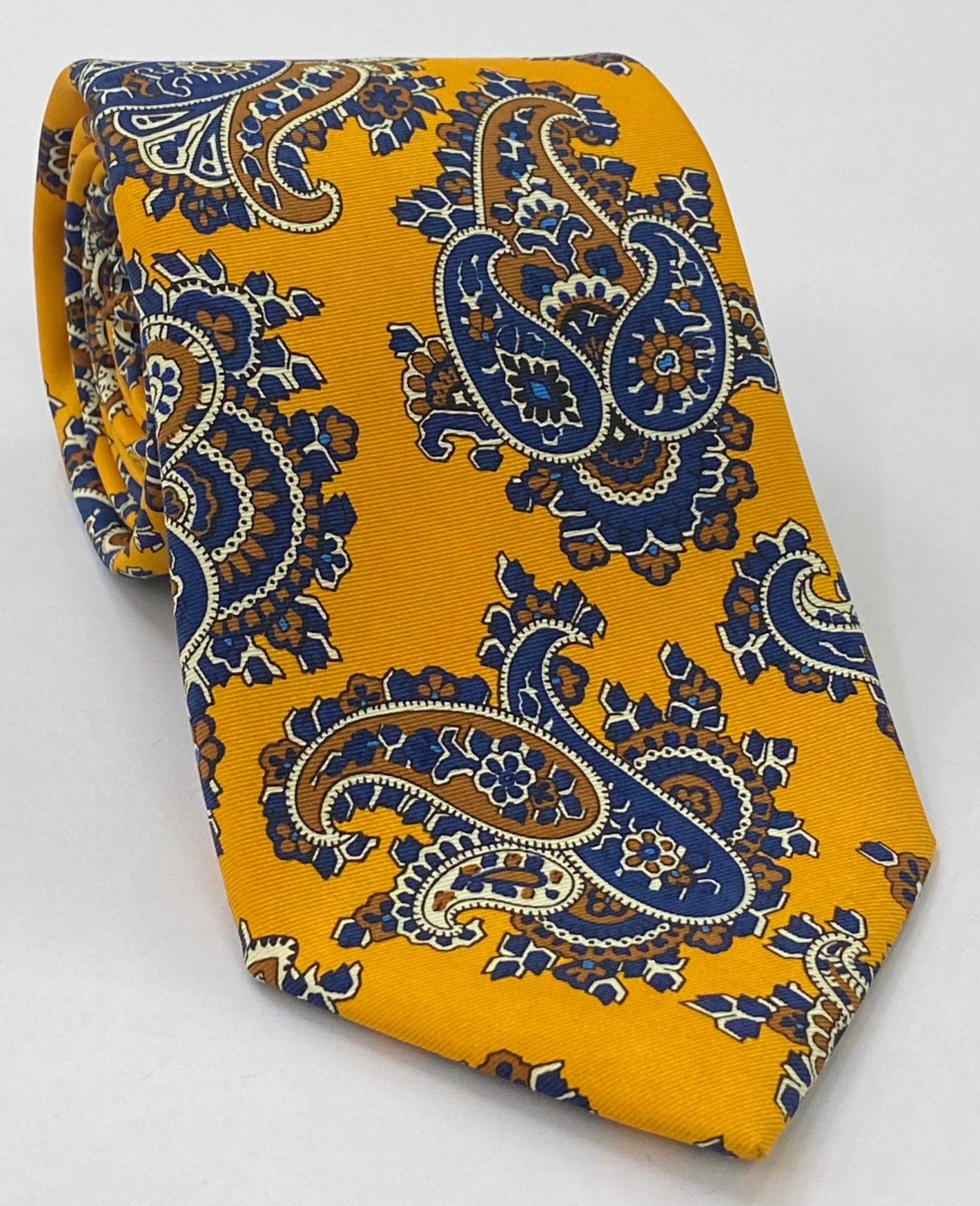 Macclesfield Printed Silk Tie Sky Blue, Blue, Off-White & Brown on Mandarin Orange MCT-671