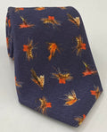 Burnt Orange, Off-White, Brown on Midnight Blue Macclesfield Printed Fishing Lure Wool Tie MCWT-2