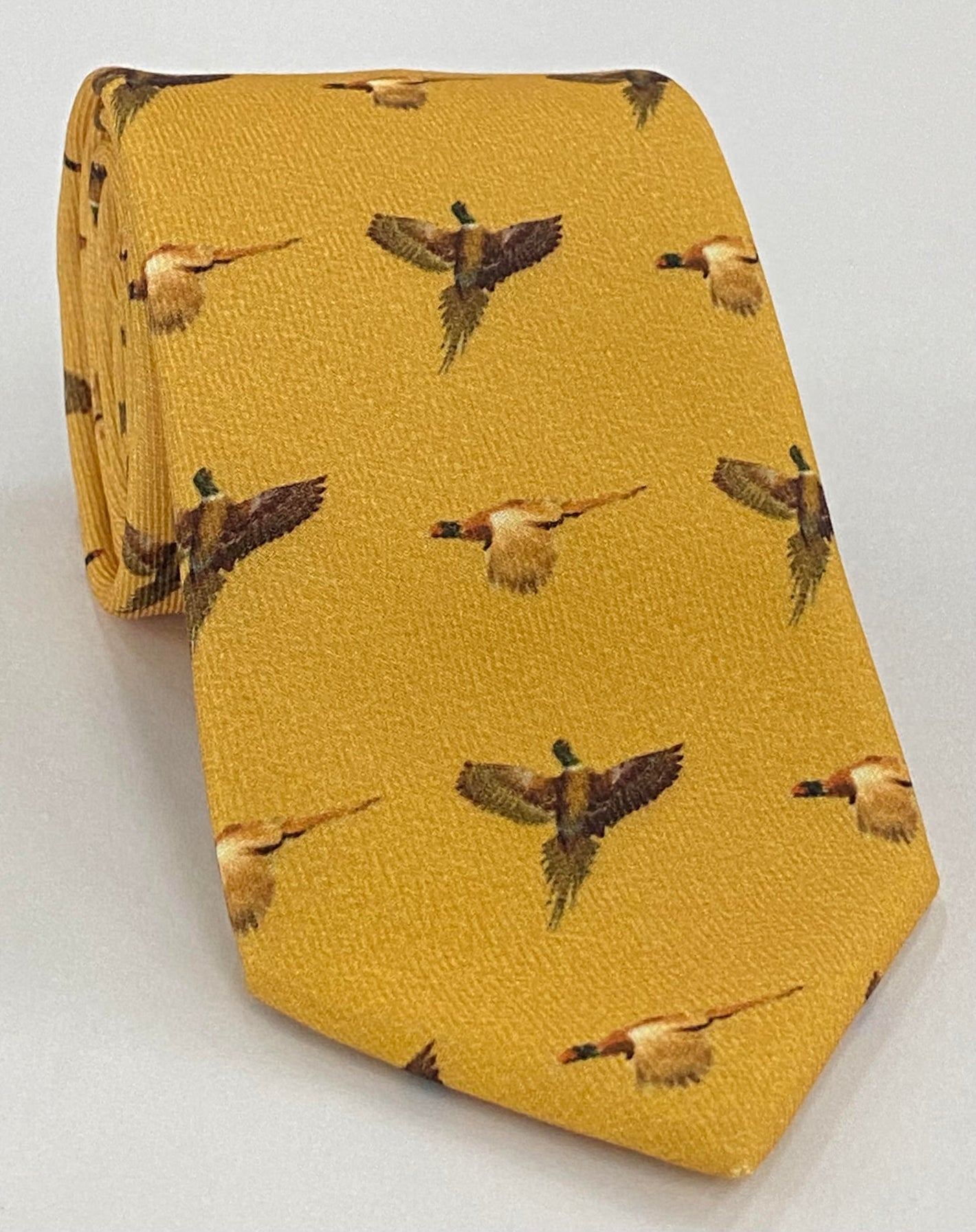 Burnt Orange, Dark Chocolate, Brown on Gold Macclesfield Printed Pheasants Wool Tie MCWT-3