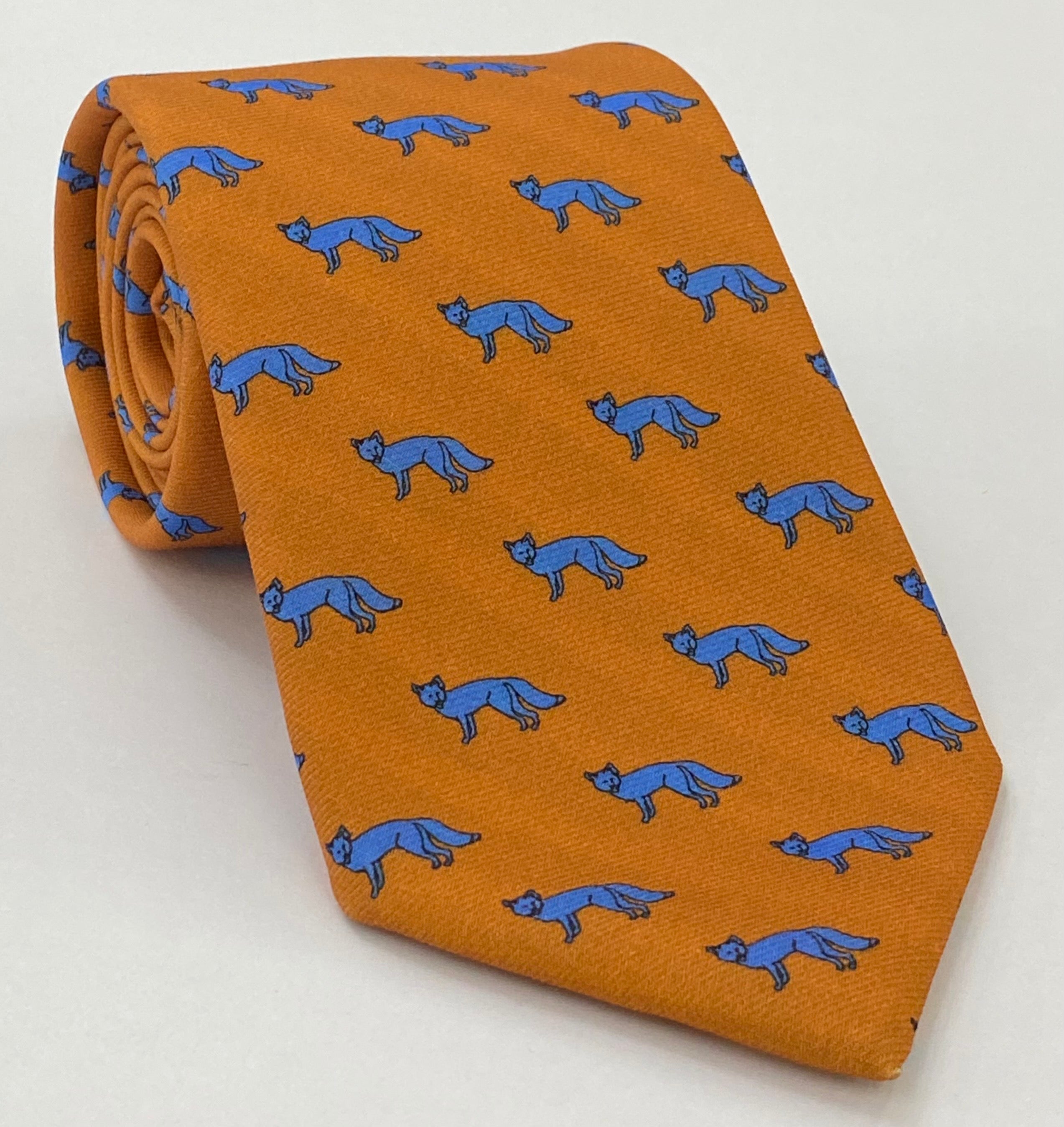 Sky Blue & Black on Burnt Orange Macclesfield Printed Fox Wool Bow Tie MCWBT-4