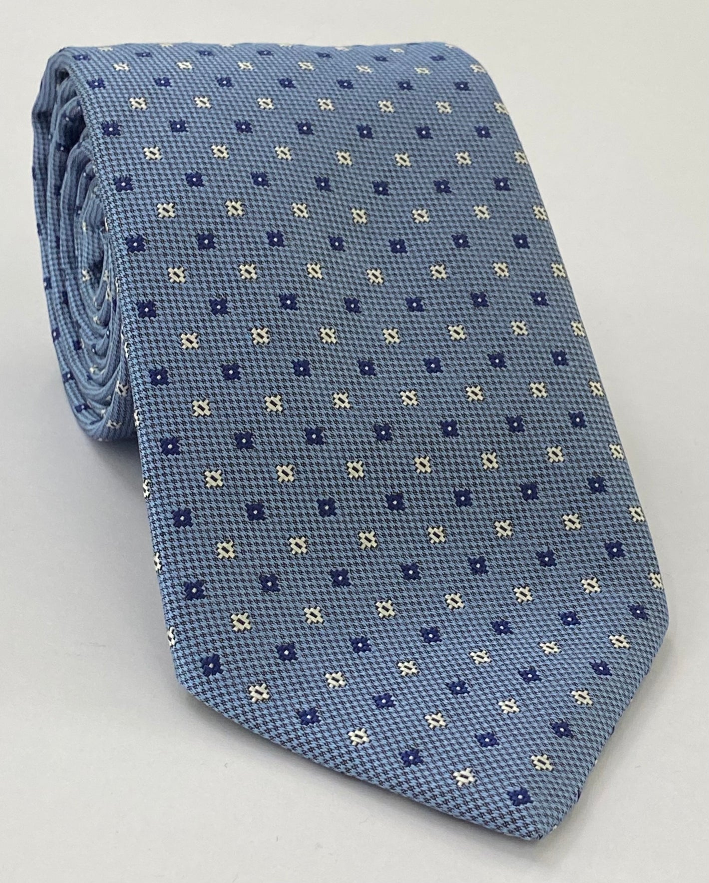 Navy Blue & White on Sky Blue Mogador Pattern Silk Tie 2