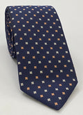 Salmon & White on Dark Navy Blue Mogador Pattern Silk Tie MGJT-4