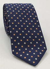Salmon & White on Dark Navy Blue Mogador Pattern Silk Tie 4