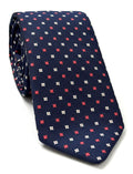 Light Red & White on Dark Navy Blue Mogador Pattern Silk Tie MGJT-6