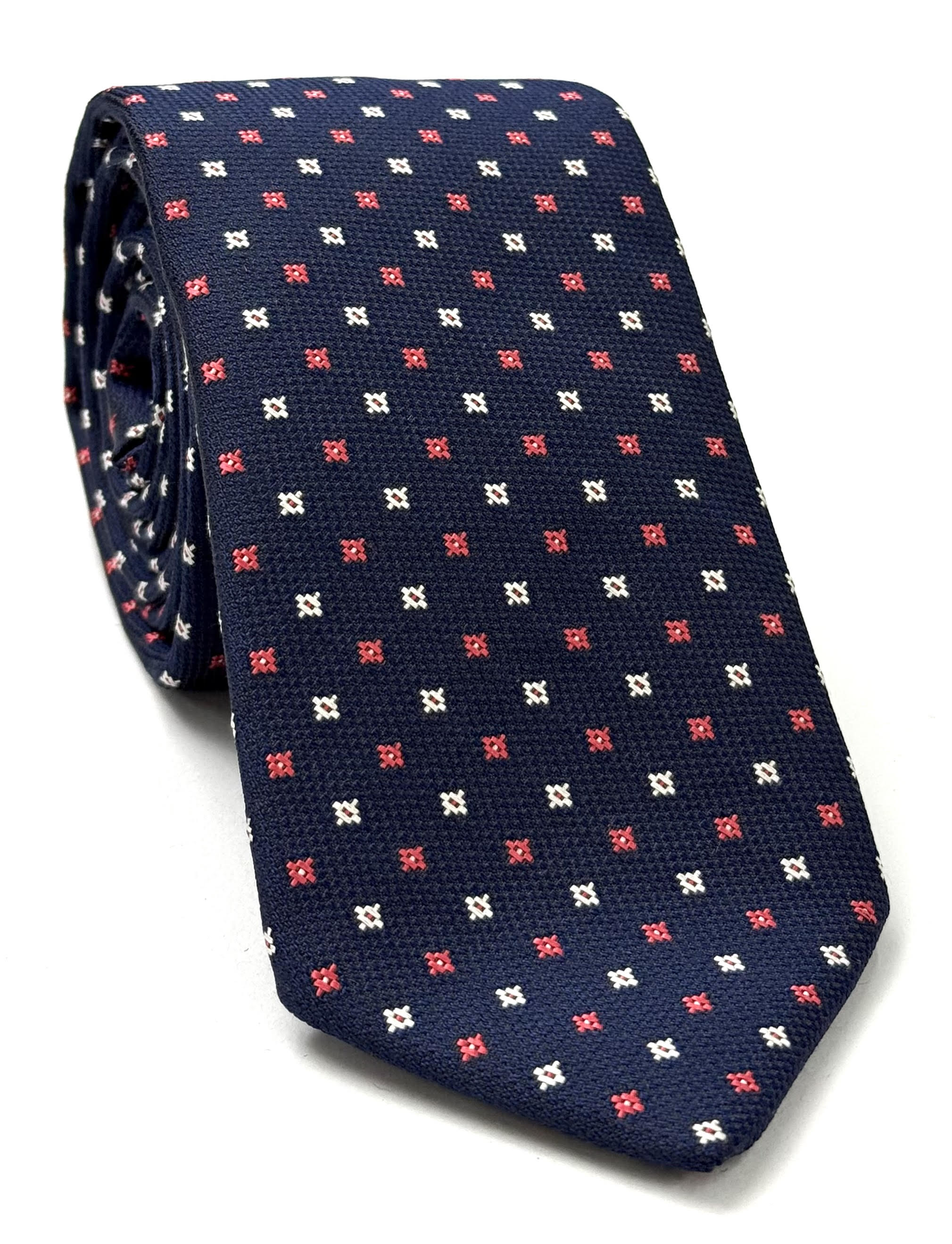 Light Red & White on Dark Navy Blue Mogador Pattern Silk Tie MGJT-6