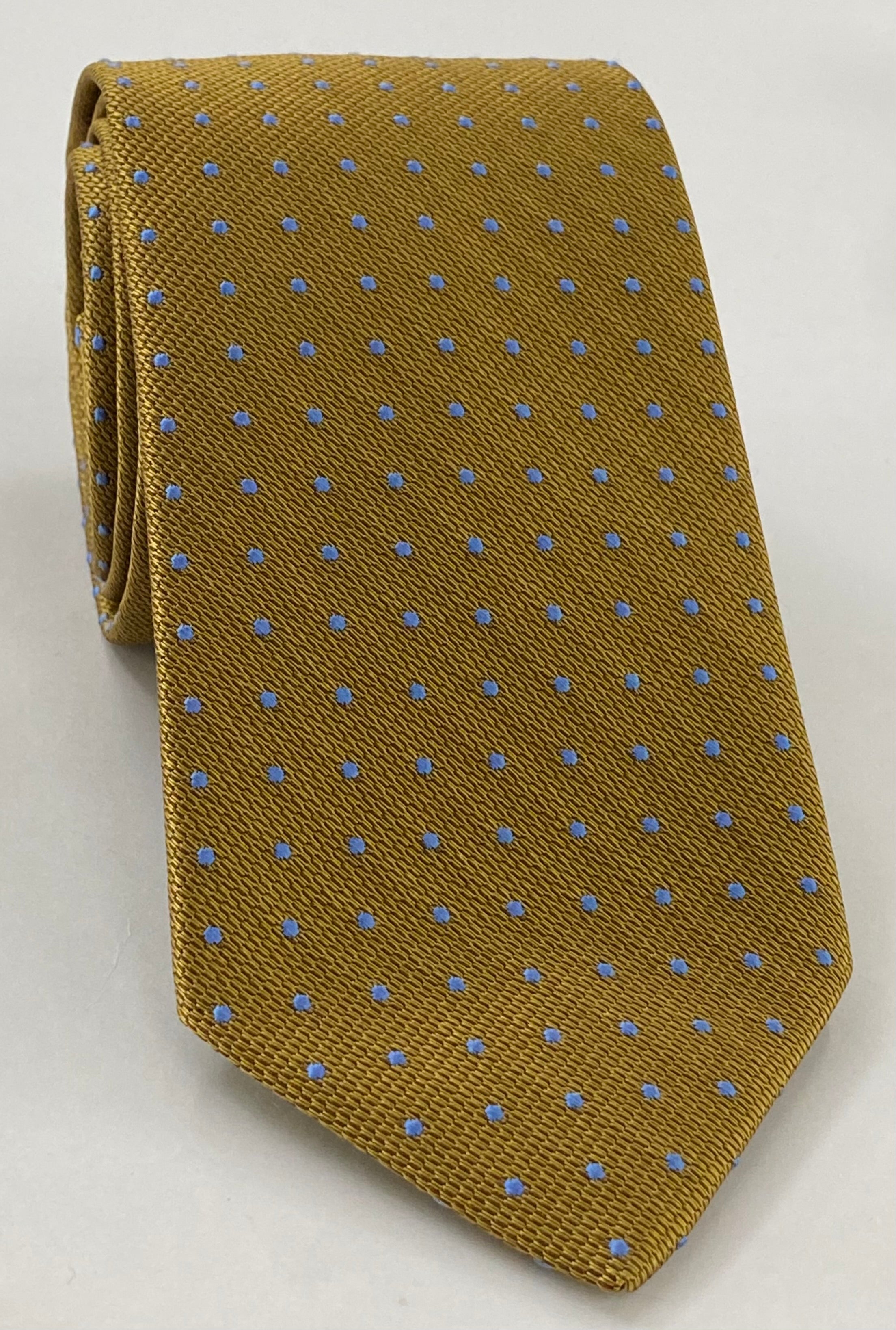 イエローゴールド地にスカイブルーのモガドールピンドットネクタイ MGPDT-4
