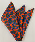 Light Blue, Navy & Olive Green on Burnt Orange Macclesfield Madder Printed Silk Pocket Square MMPP-114