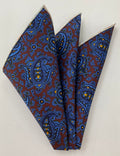 Light Blue & Navy on Maroon Macclesfield Madder Printed Silk Pocket Square MMPP-125