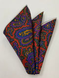 Olive Green, Yellow & Pink on Maroon Macclesfield Madder Printed Silk Pocket Square MMPP-130