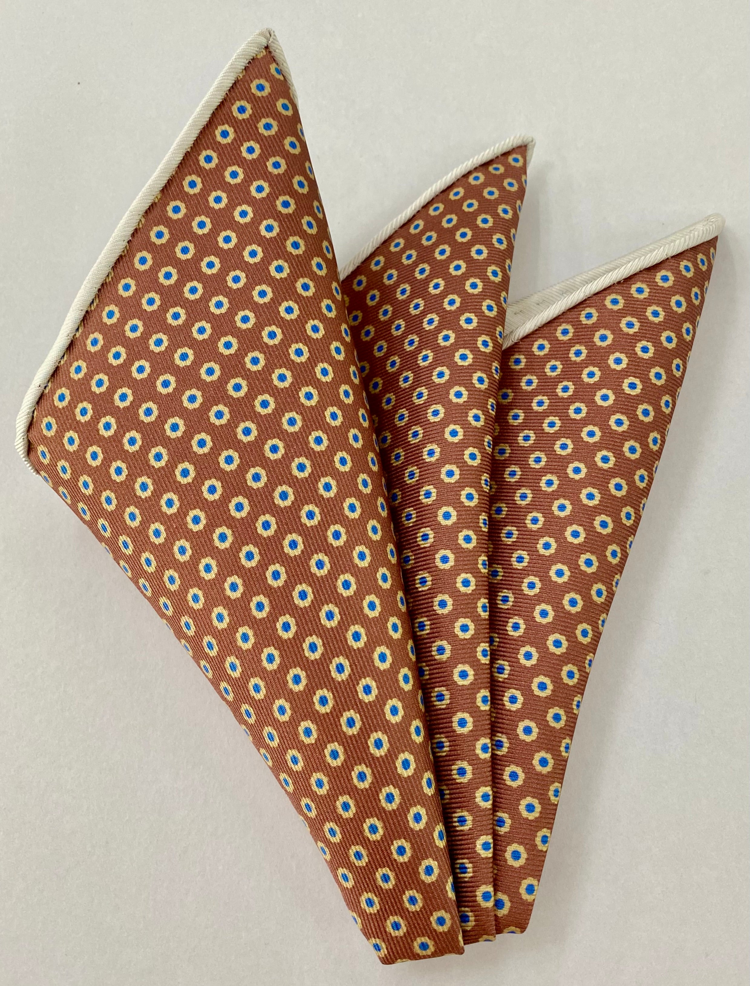 Blue & Off White on Brown Macclesfield Madder Printed Silk Bow Tie MMPBT-153